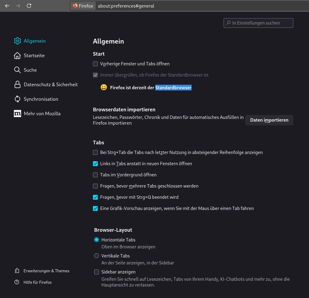 Startseite der Einstellungen im Firefox