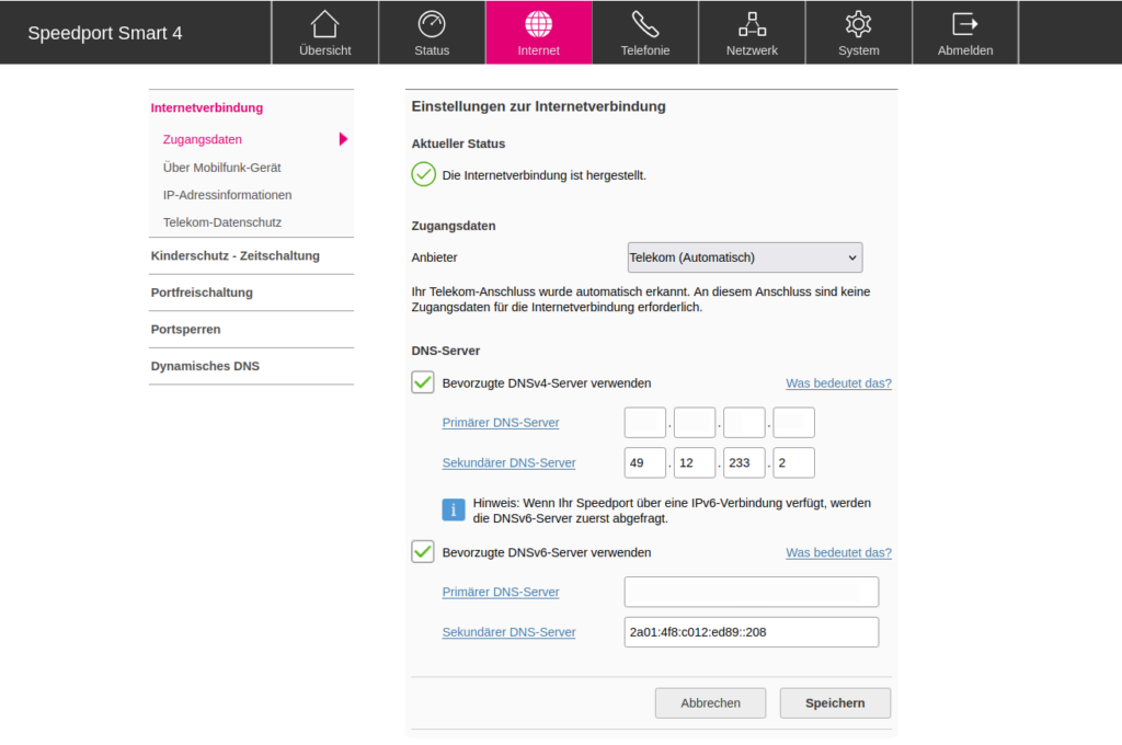 Konfigurationsoberfläche des Speedports