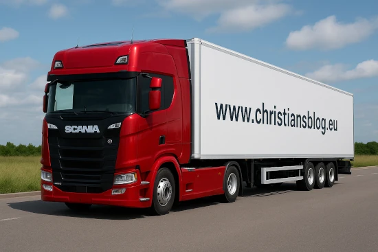 Scania mit Kofferauflieger auf der Straße KI generiertes Bild