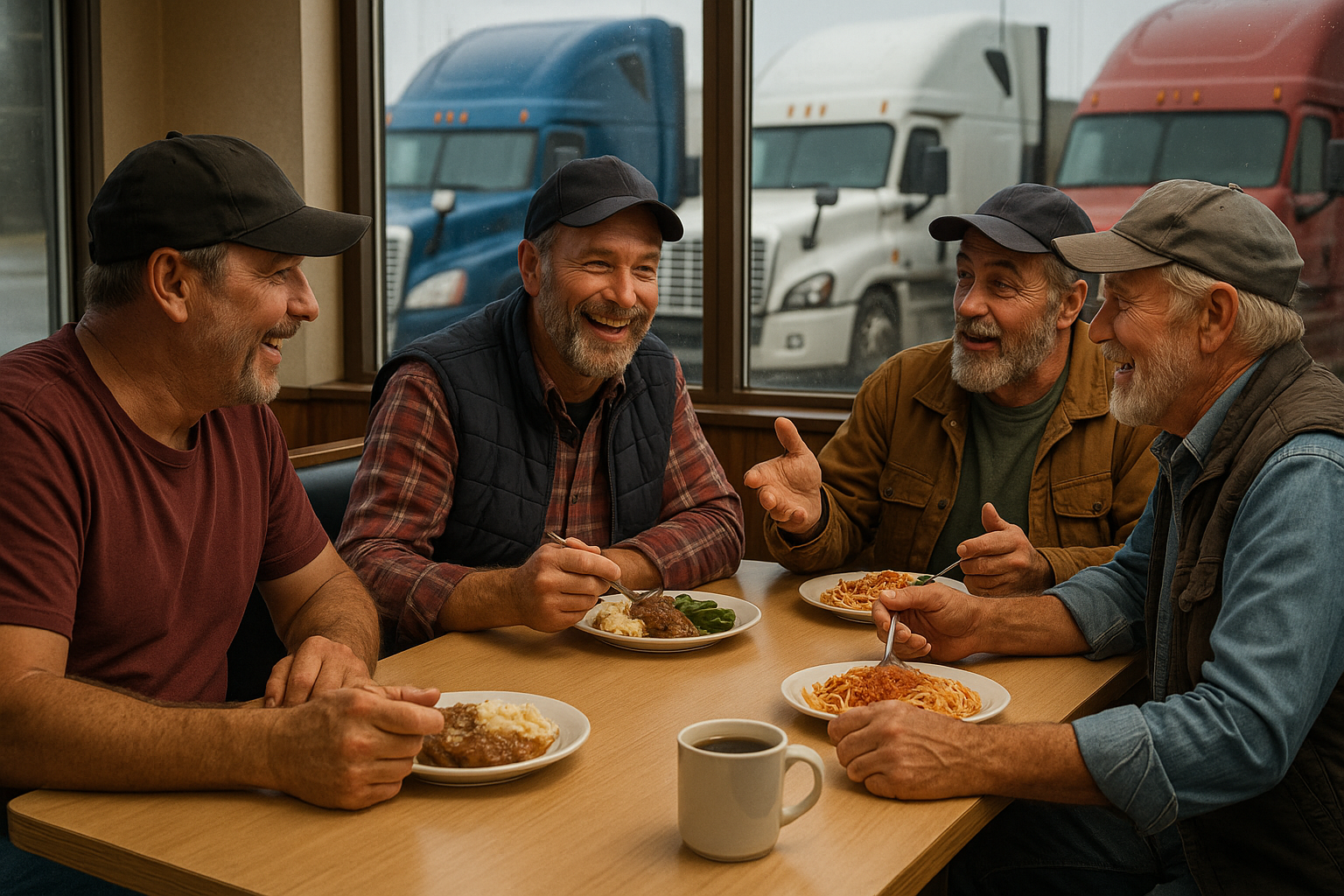 LKW Fahrer sitzen an einem Tisch, essen und Unterhalten sich