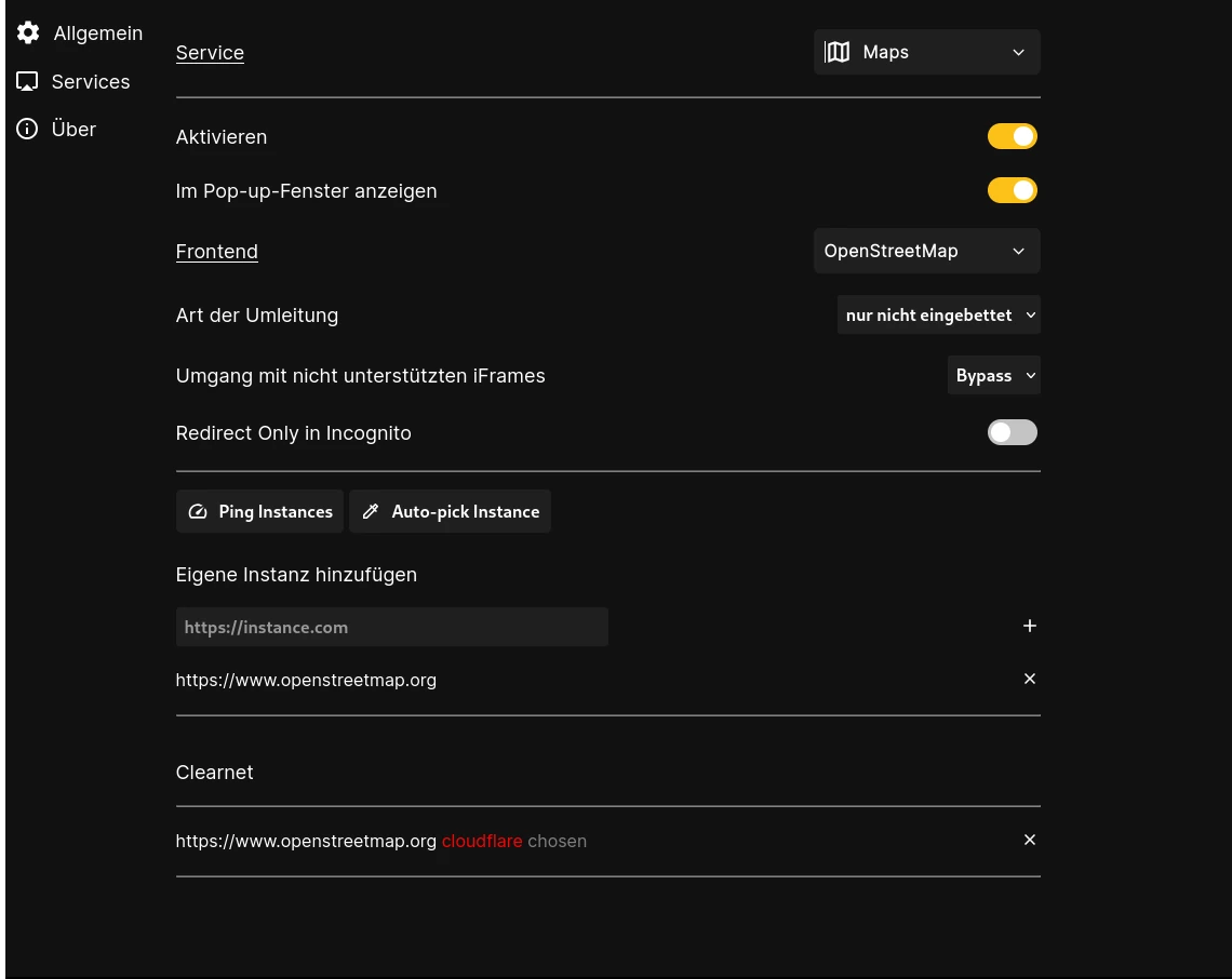 Hier die Einstellungen, findet man unter Services