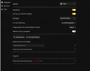 Hier die Einstellungen, findet man unter Services LibreRedirect Einstellungen
