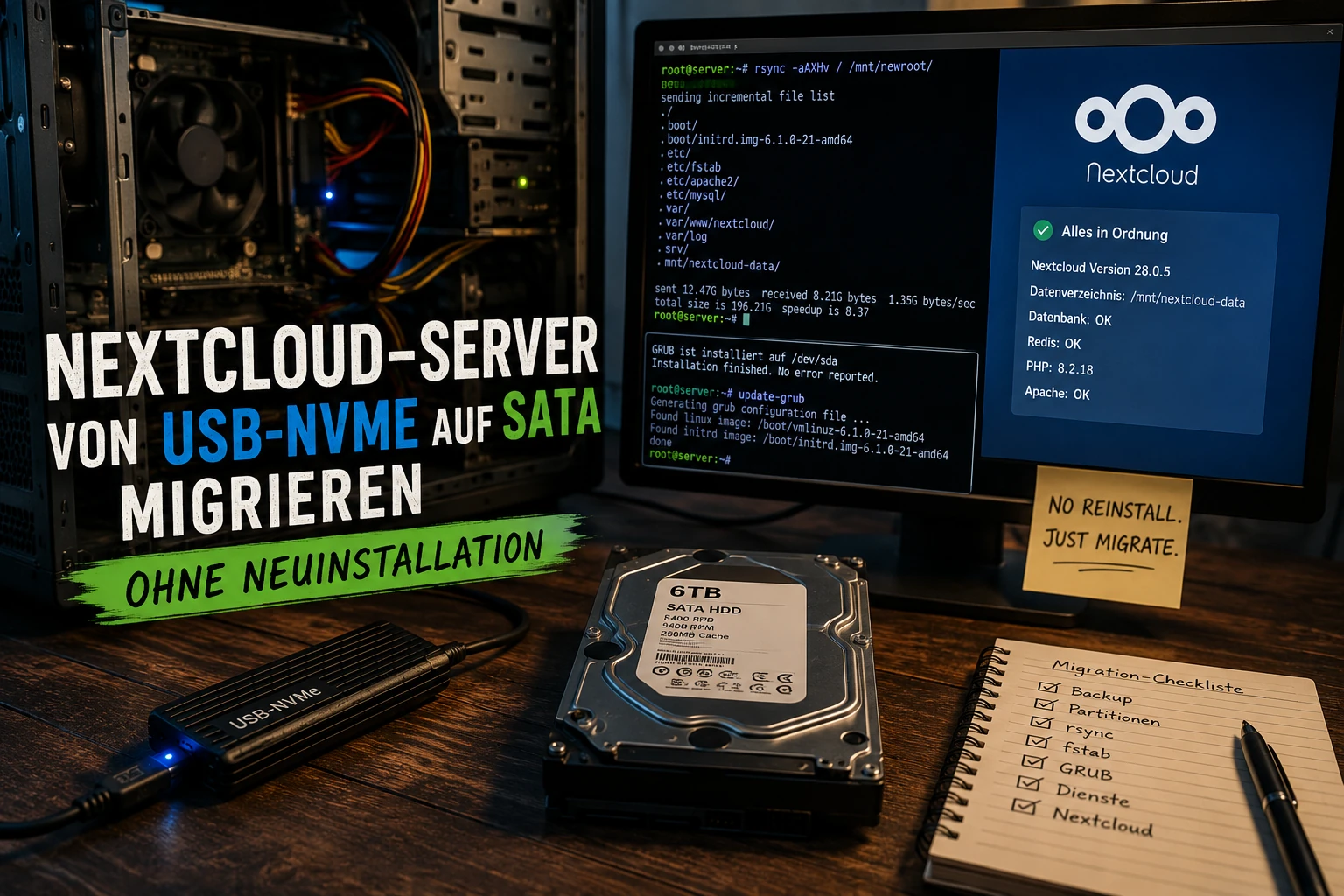 Nextcloud-Server von einer USB-NVMe auf eine interne SATA-Festplatte migrieren – ohne Neuinstallation