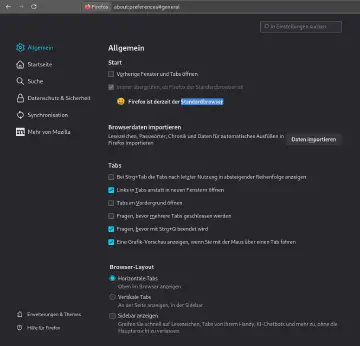 Startseite der Einstellungen im Firefox